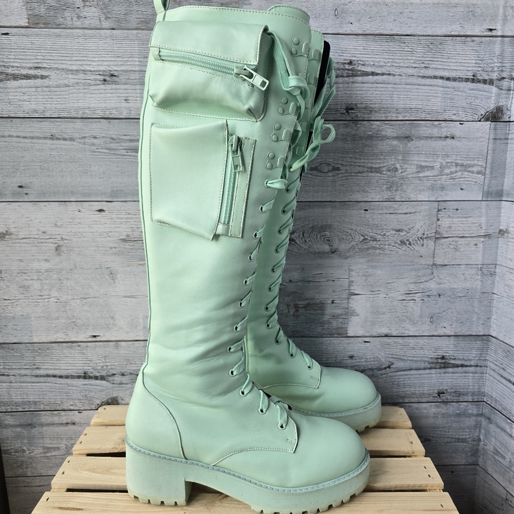 Dolls Kill Sugar Thrillz Mint Combat Rave Goth Platform Boots Size 10M